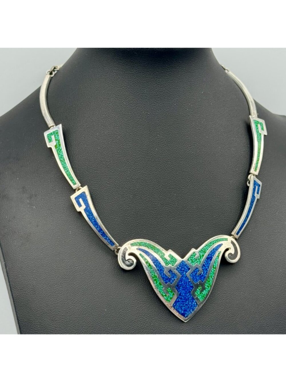 Vintage Taxco Butterfly Necklace Blue Green 925 Art Deco Statement 44g TC-112 - Picture 2 of 10